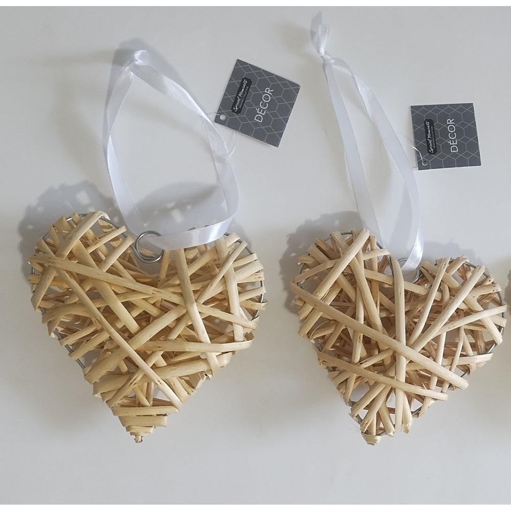 Set of 2 Special Moments Wicker Heart Hanging Ornaments Rustic Boho Decor